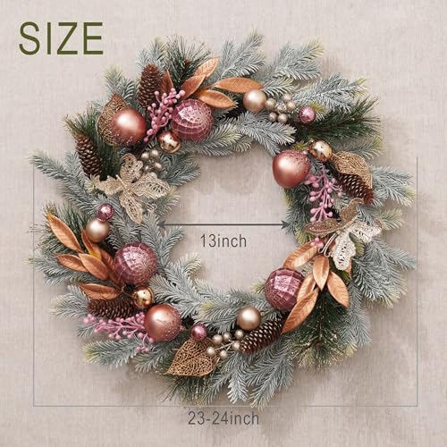DecorbyHannah 24" Pre-Lit Pink Christmas Wreath with Ornaments Z91208