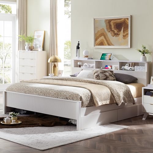 T4TREAM Fluted Panel King Bed Frame with Bookcase Headboard & Charging Station, Modern Wood Platform Bed with 4 Drawers, Wood Slats Support, Noise Free, No Box Spring Needed, Dark Grey