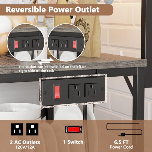 Furologee Kitchen Bakers Rack with Power Outlet, 4-Tier Microwave Stand, Rustic Brown Q634