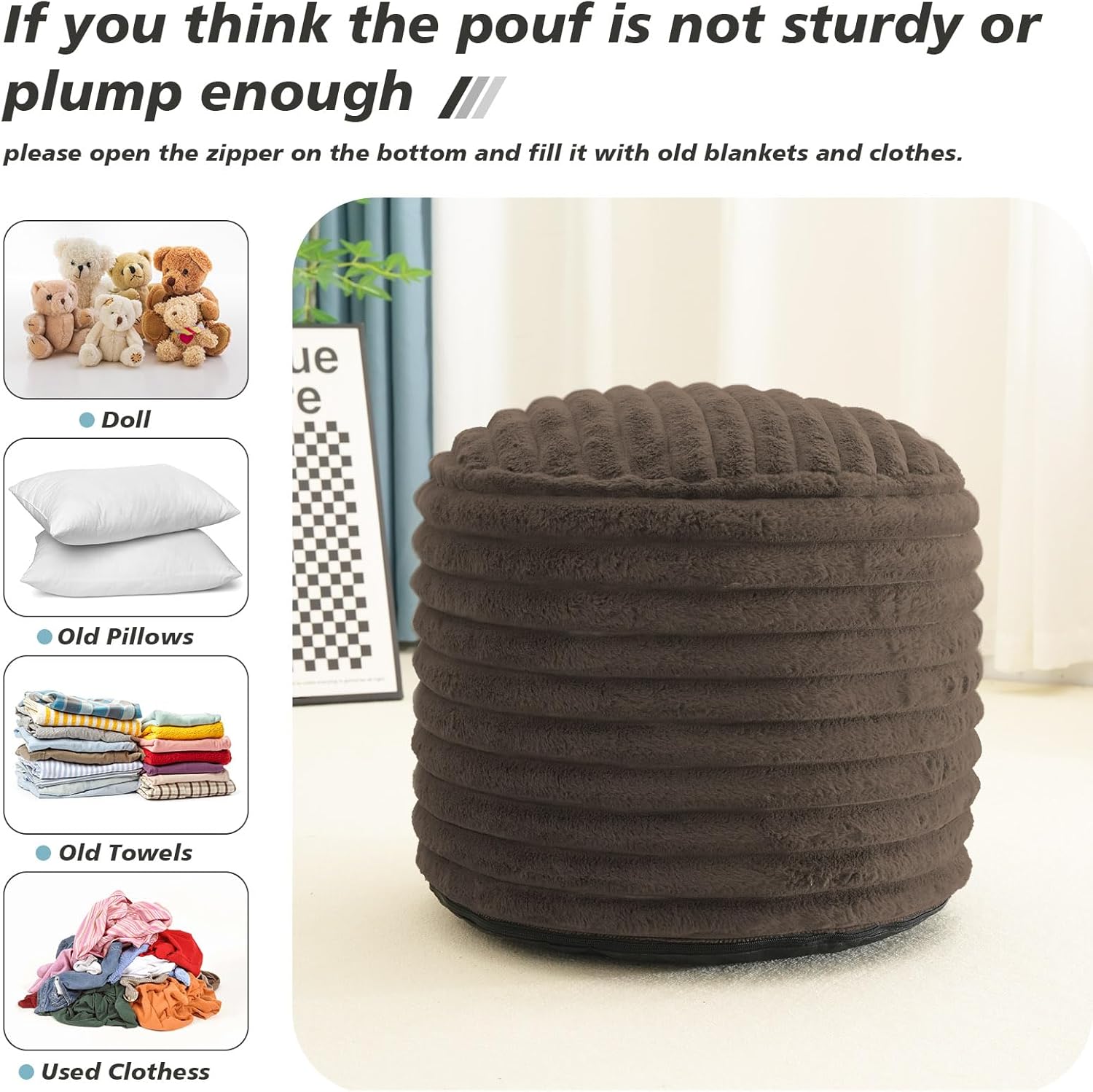 Faux Fur Pouf Ottoman Foot Rest Stool with Foam Filling, 20 x 15 Inch, Brown F338
