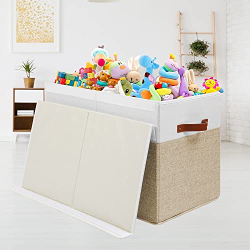 Large Toy Storage Box with Lid and Dividers for Kids, Beige and White X95078