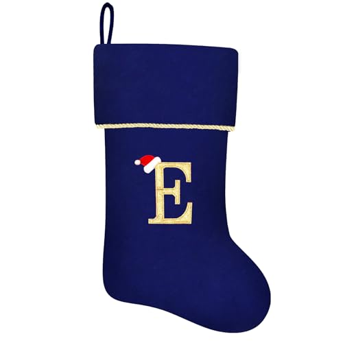 20 Inches Initial Monogram Blue Velvet Christmas Stocking with Gold Trim U394