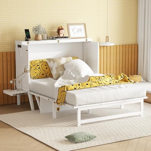 KEIKI Queen Size Murphy Bed with Charging Station and Drawer, Walnut B45816