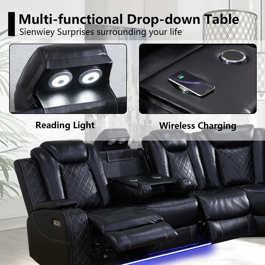 Black Leather Power Reclining Sectional Sofa with USB Port and LED Light L484