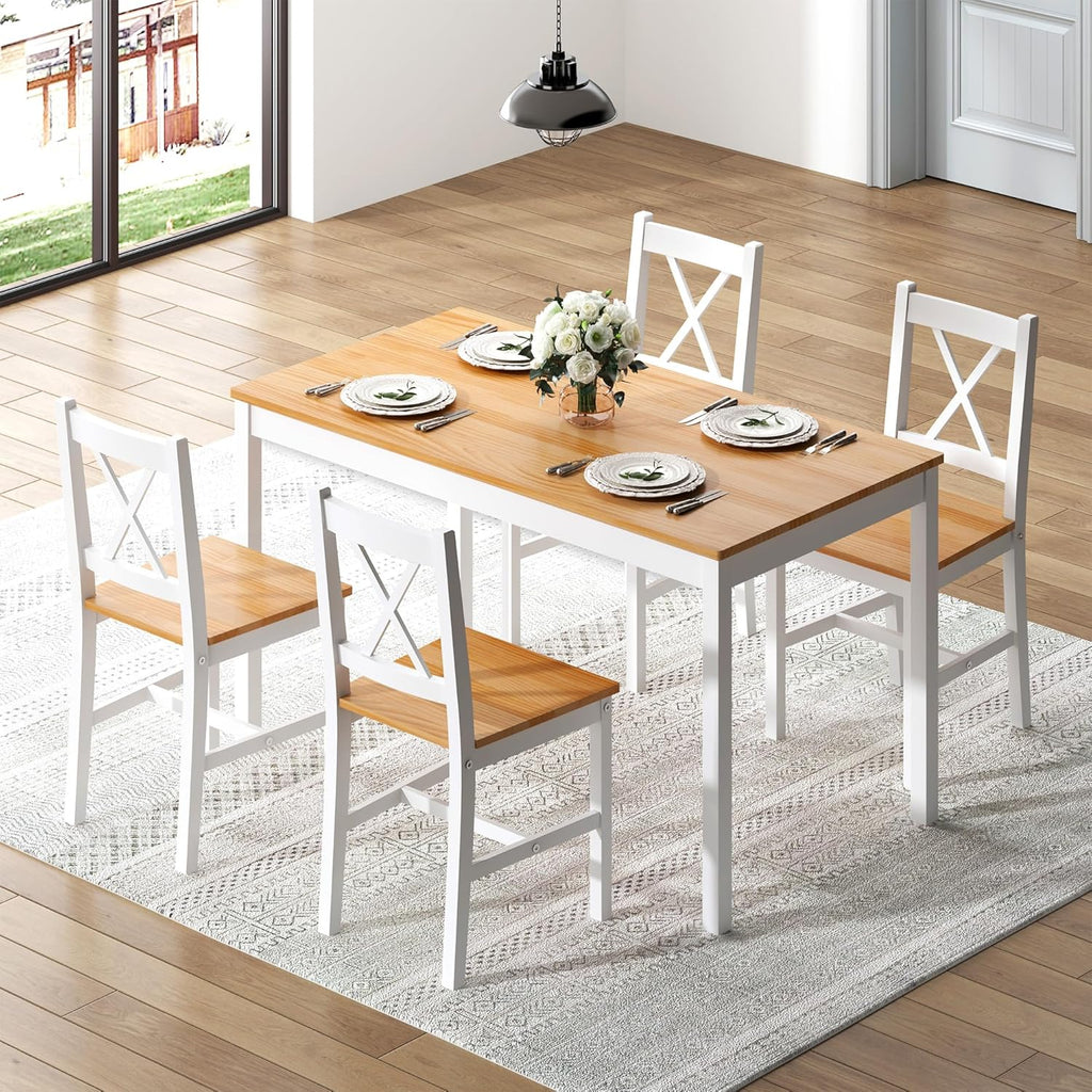 sogesfurniture 47.2" 4-Person Dining Table Set, 5 Pieces Pine Wood Kitchen Table with 4 Chairs,Indoor Modern Rectangular Dining Table Furniture Set for Kitchen, Dining Room, Dinette, Breakfast Nook