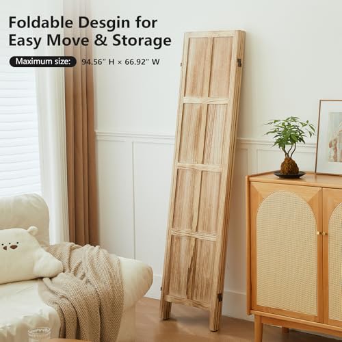 Wood Room Divider 4 Panel, 5.6 FT Tall Folding Privacy Screen, Retro White K4688