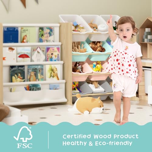 Kids Toy Storage Organizer with Bookshelf, 12 Bin, 4 Shelf, Burlywood E313566