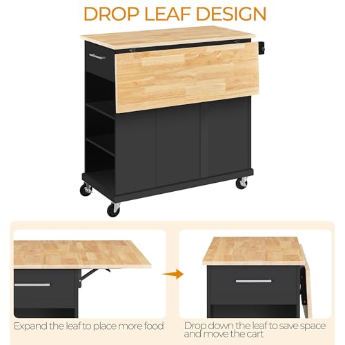 Yaheetech Rolling Kitchen Island Cart with Drop Leaf, Rubberwood Breakfast Bar with Storage V538