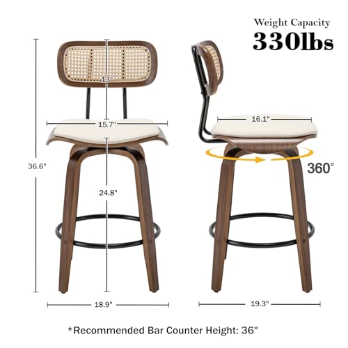 Rattan Bar Stools Set of 2, Counter Height, Swivel with Back, Beige B141