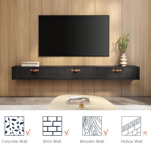 WAMPAT Floating TV Stand, Wall Mounted Wood Media Console, 70 inch, Black A6087