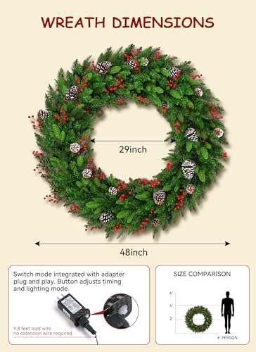 Brightown 24 Inch Pre-Lit Artificial Christmas Wreath with Pine Cones & Berries L37024