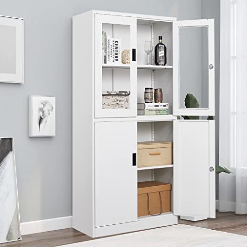 Metal Storage Cabinet with Doors and Shelves, 71" Locking Steel, White L799