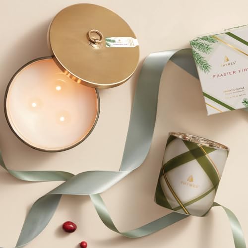 Thymes Frasier Fir Candle – Frosted Plaid Jar – Scented Holiday Candle (6.5 oz) D710