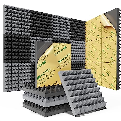 12 Pack Pyramid Sound Proof Foam Panels with Self-Adhesive, 12" X 12" X 1" Acoustic Foam Panels of High Density, Soundproof Wall Panels Fast Expand, Sound Absorption and Decoration (Black)