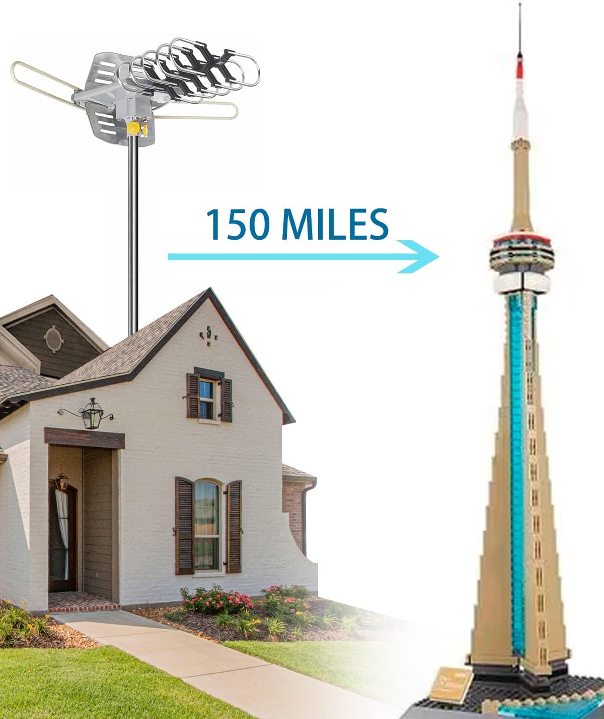 Digital Outdoor Amplified HD TV Antenna 150 Miles, 4K 1080p, 2 TVs T28601
