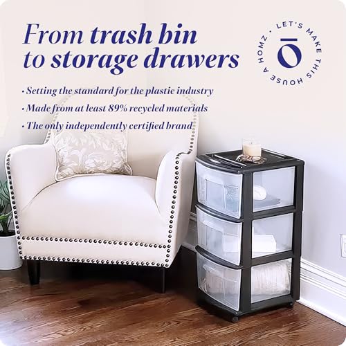 HOMZ 3-Tier Clear Plastic Storage Organizer Cart with Wheels, Black Frame M4715