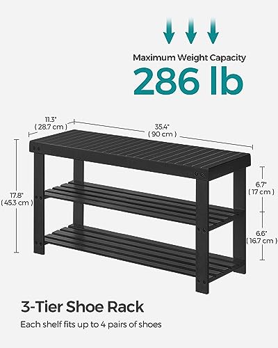 SONGMICS 3-Tier Bamboo Shoe Rack Bench, Entryway Storage, Ink Black X802