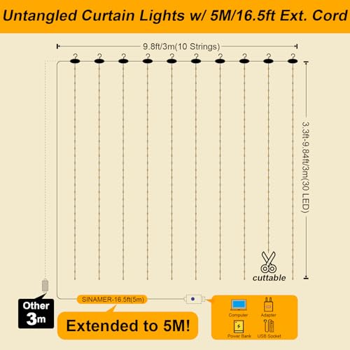 600LED Curtain Lights for Bedroom, Warm White, 8 Modes Y367582