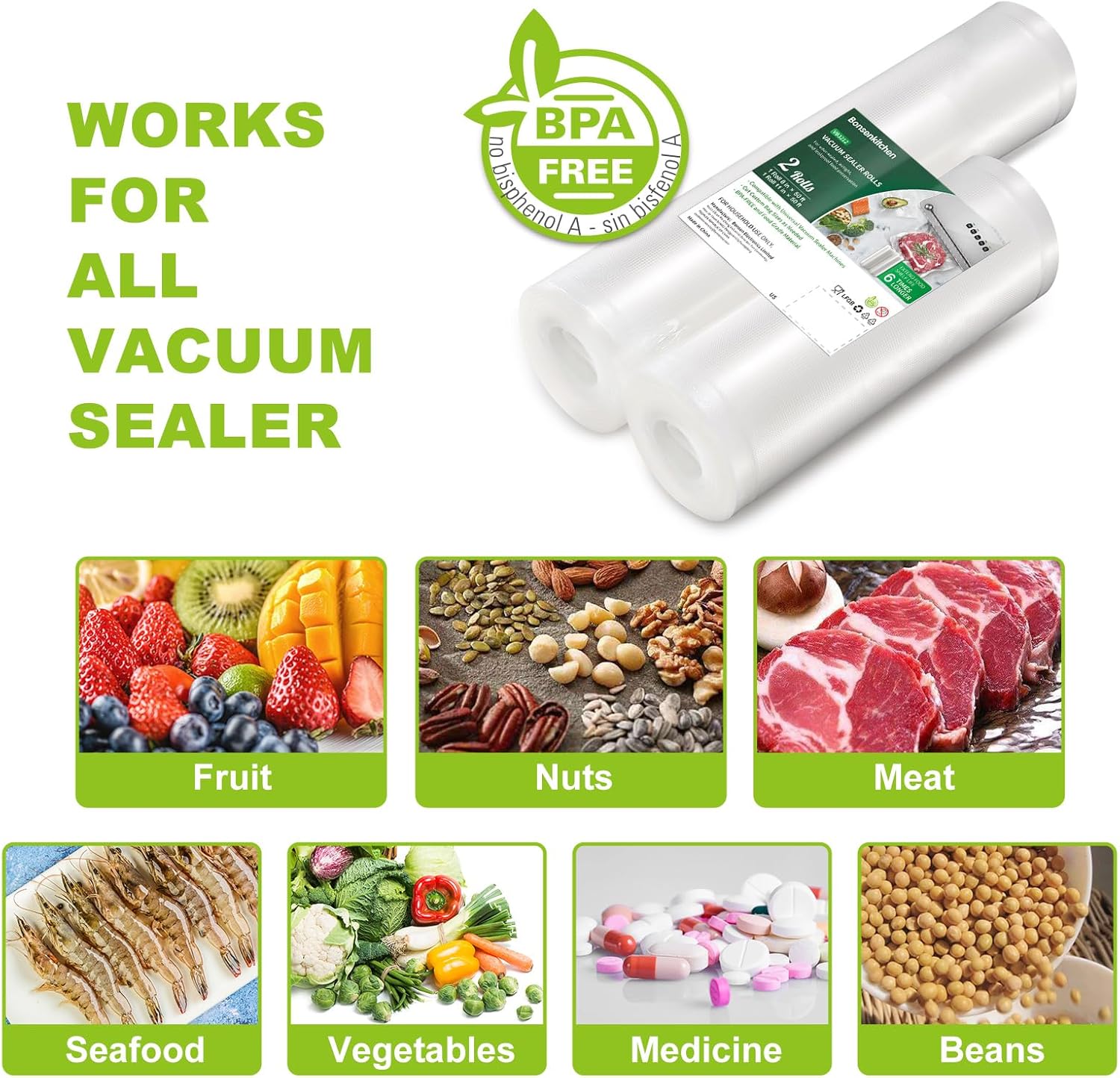 Bonsenkitchen Vacuum Sealer Rolls, 8" x 50' & 11" x 50', BPA Free F90022