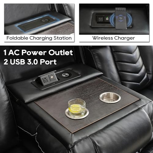 Grey Leather 3-Seater Recliner Sofa Set with Wireless Charger and LED Lights M484