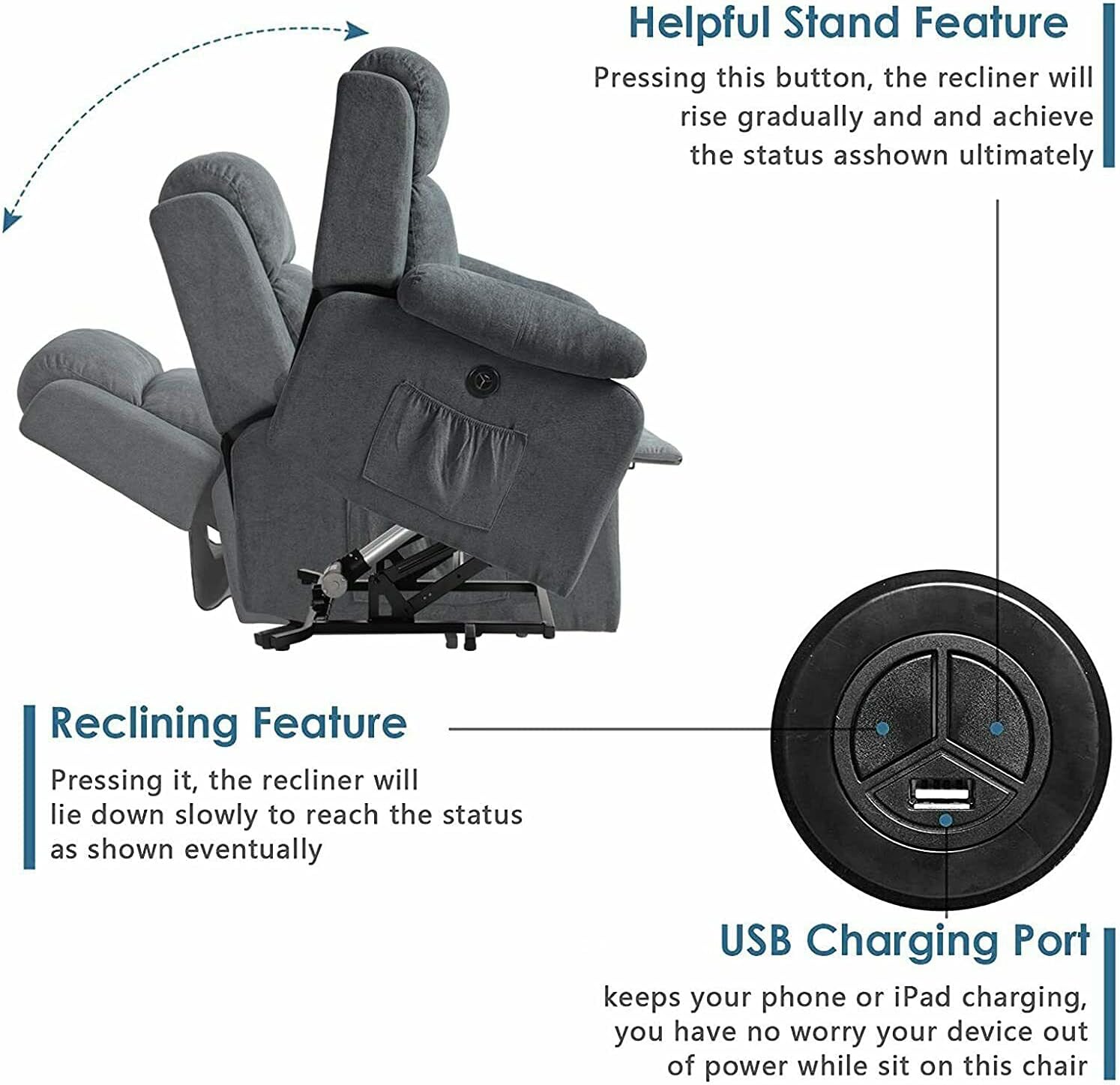 Grey Linen Electric Power Lift Massage Recliner Chair with Remote Control H47763