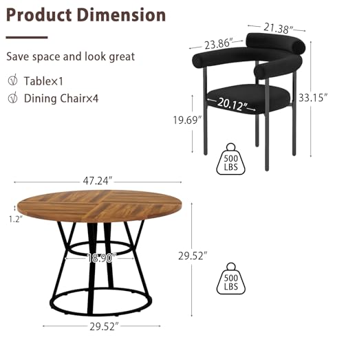 STHOUYN 47" Round Dining Table Set for 4 with 4 Boucle Chairs, Black D1536