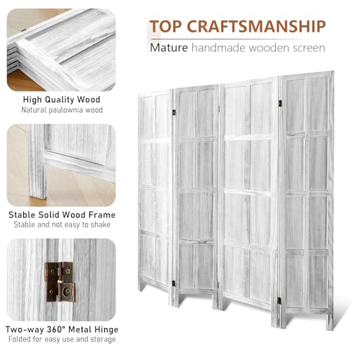Wood Room Divider 4 Panel, 5.6 FT Tall Folding Privacy Screen, Retro White K4688