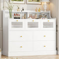 finetones 7 Drawer Dresser, White Dresser Double Dresser with Shelves, White and Gold Dresser, Wide Chest of Drawers, Dressers & Chests of Drawers, Large Wooden Storage White Dresser for Living Room