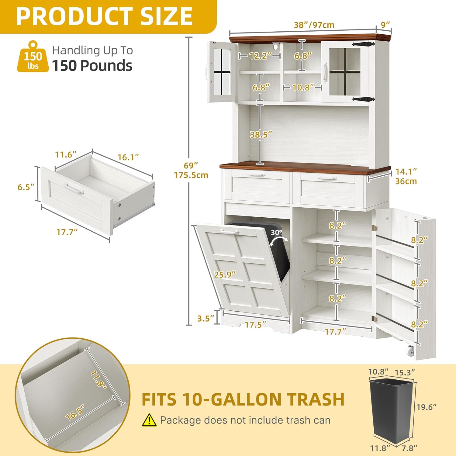 DWVO Kitchen Pantry Cabinet with Tilt-Out Trash Can, Tall Storage, White Oak I220373