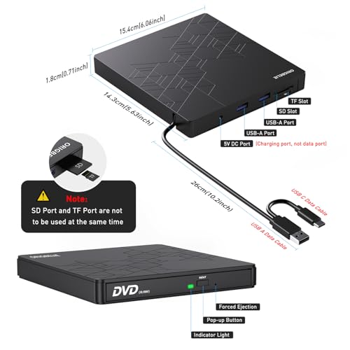 External CD DVD Drive for Laptop, USB 3.0 Type-C, Slim Portable Burner T70166