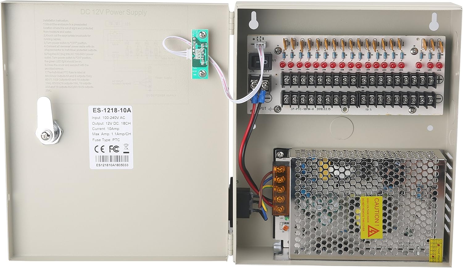 EVERSECU 18 Channel DC12V 20 Amp Reset Fuse CCTV DC Distributed Power Box with AC Plug and Lock for Security Cameras, DVRs, CCTV Power Supply