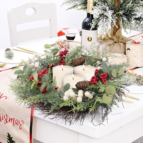 24 Inch Christmas Wreath with Red Ribbon and Pine Cones for Front Door D30392