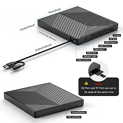 External CD DVD Drive for Laptop, USB 3.0 Type-C, Slim Portable Burner T70166