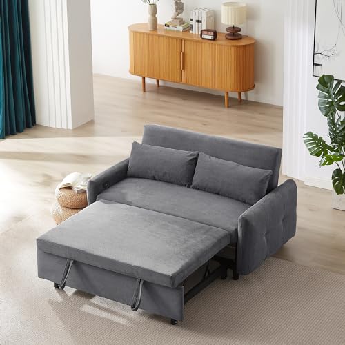 Merax Pull-Out Sofa Bed with Adjustable Backrest and Comfy Throw Pillows, 2 Seat Loveseat & USB Ports, 3 in 1 Convertible Couch Sleeper for Living Room, Apartment, Office, Small Spaces, Light Blue