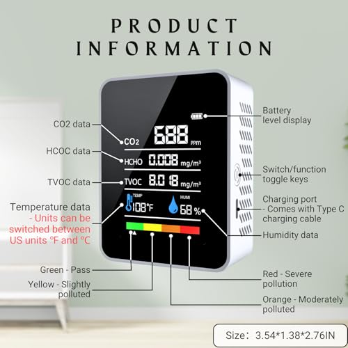 CO2 Detector Air Quality Monitor Indoor, 5-in-1 Formaldehyde/TVOC/Temperature/Humidity, Portable, Black E38424