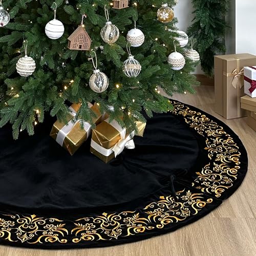 Burgundy Victorian Velvet Christmas Tree Skirt with Gold Damask Embroidery Q6345