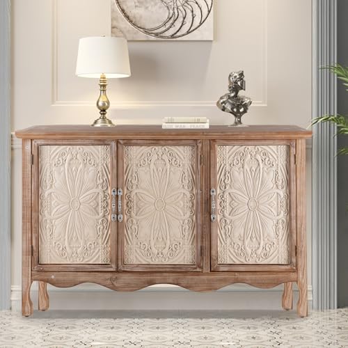 Vintage Sideboard Buffet Cabinet with 3 Carved Doors, Rustic Accent Cabinet Storage Cabinet with Shelves, Wood Entryway Cabinet for Kitchen, Dining Room, Living Room, Bedroom, Wash Grey