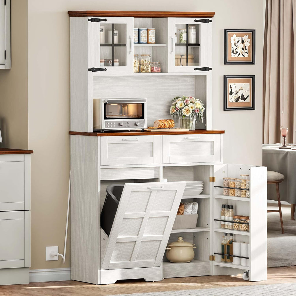 DWVO Kitchen Pantry Cabinet with Tilt-Out Trash Can, Tall Storage, White Oak I220373
