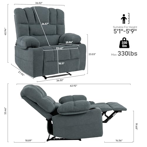 Oversized Recliner Chair for Adults, Extra Wide Seat, Chenille with Pockets (Grey) B6810