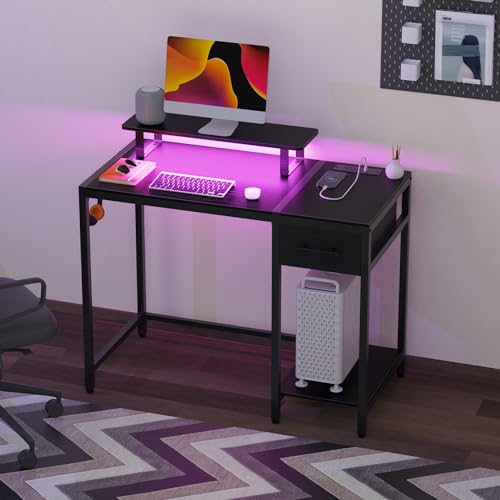55 inch Computer Desk with Drawers, Power Outlet and LED Light, Rustic Brown K308484