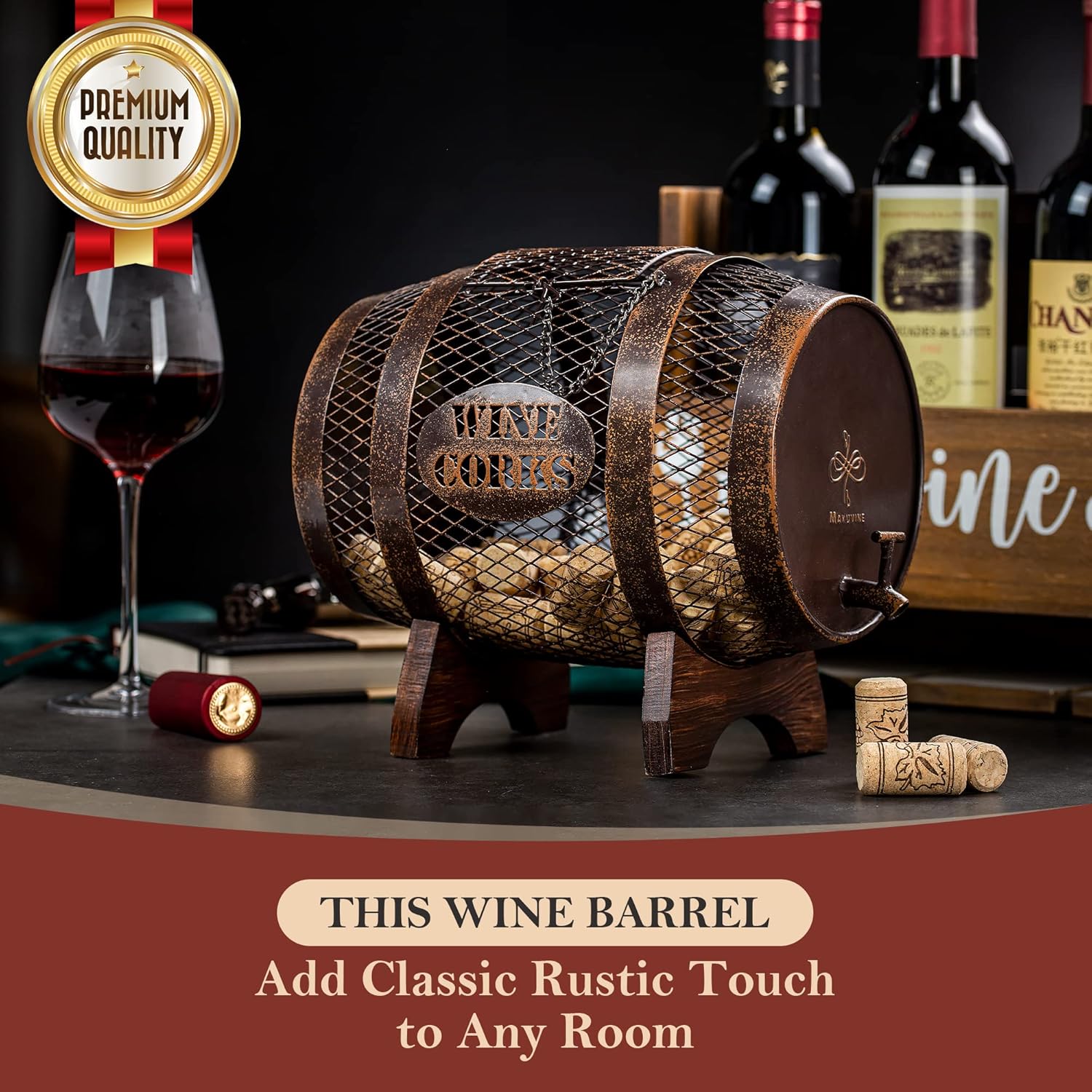 Rustic Metal Barrel Wine Cork Holder with Wooden Stand Z81334
