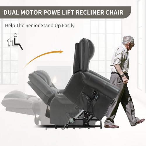 Dual Motor Power Lift Recliner Chair with Massage and Heat, Faux Leather, Brown V8458