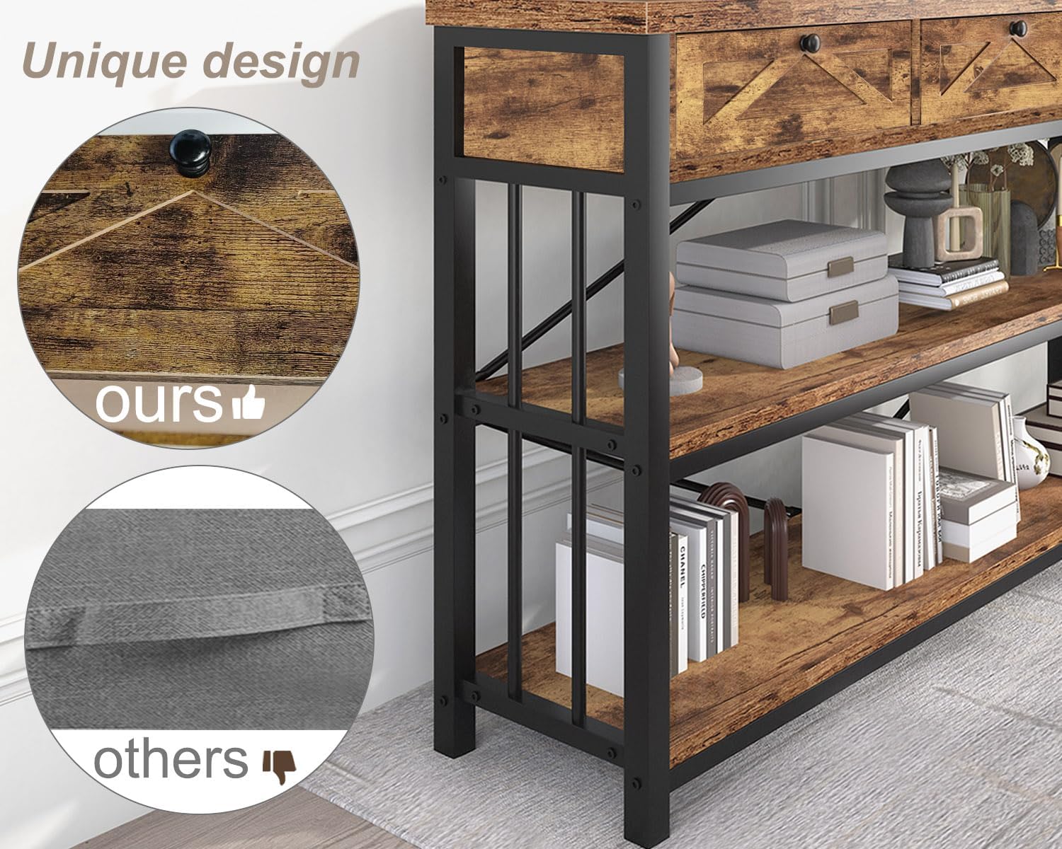 HSH Entryway Console Table with 3 Drawers, Rustic Brown, 55 inch I35530