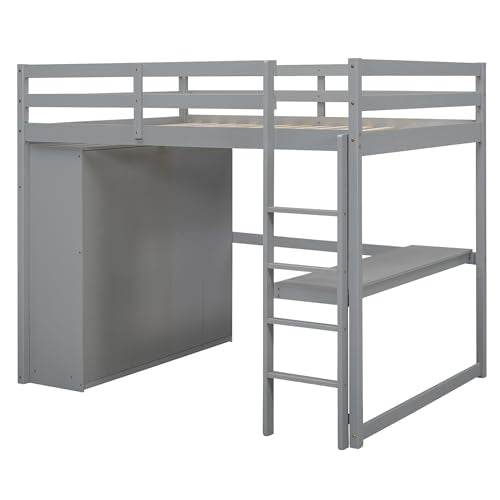 Harper & Bright Designs Full Size Loft Bed with Wardrobe and Desk, Solid Wood, White M8159