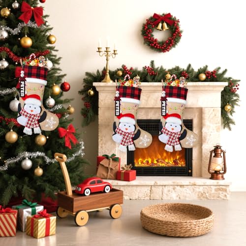 DEMIUKO 3PCS Christmas Stockings with Name Tags Snowman Santa Penguin F6894