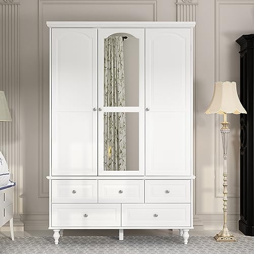 Hitow 3 Door Wardrobe Armoire Closet with Mirror, Retro Wardrobe Cabinet with 5 Drawers & Hanging Rod, Bedroom Armoire Dresser Wardrobe Clothes Organizer, A White (47.2" W x 20" D x 70.9" H)