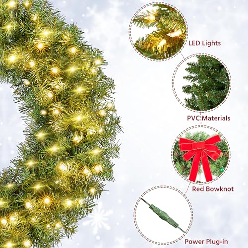 Yaheetech 48in Pre-lit Artificial Christmas Wreath with Red Bow, 200 LED Lights Y257427