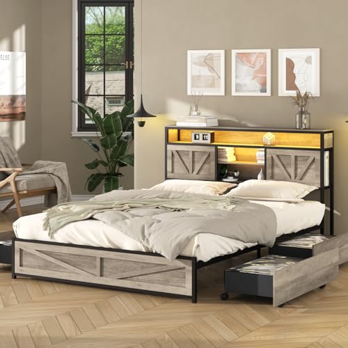 Queen Size Bed Frame with Charging Station, 4 Drawers, LED Light, Farmhouse Platform Bed with Headboard Storage, Wash Grey E20107