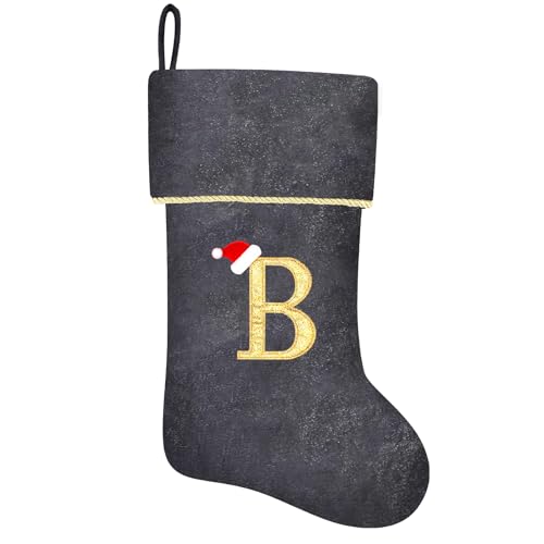 20 Inches Initial Monogram Blue Velvet Christmas Stocking with Gold Trim U394