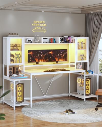 SEDETA Gaming Desk 74.8'' with LED Lights, Hutch and Storage Shelves, Black T331